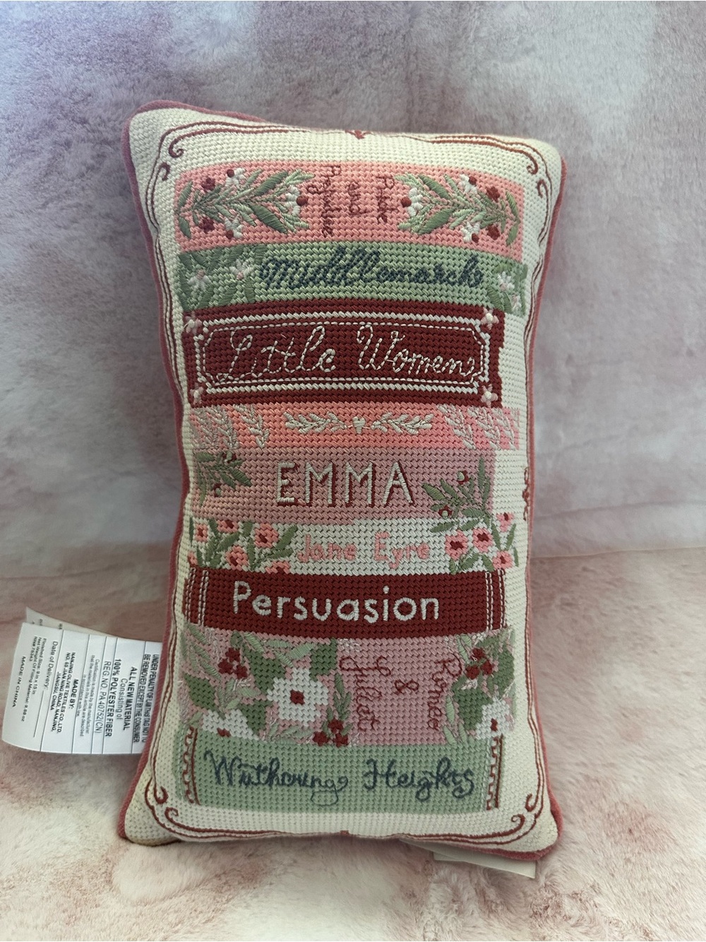 Book Stack Needlepoint Decorative Pillow - Pink Floral NWT